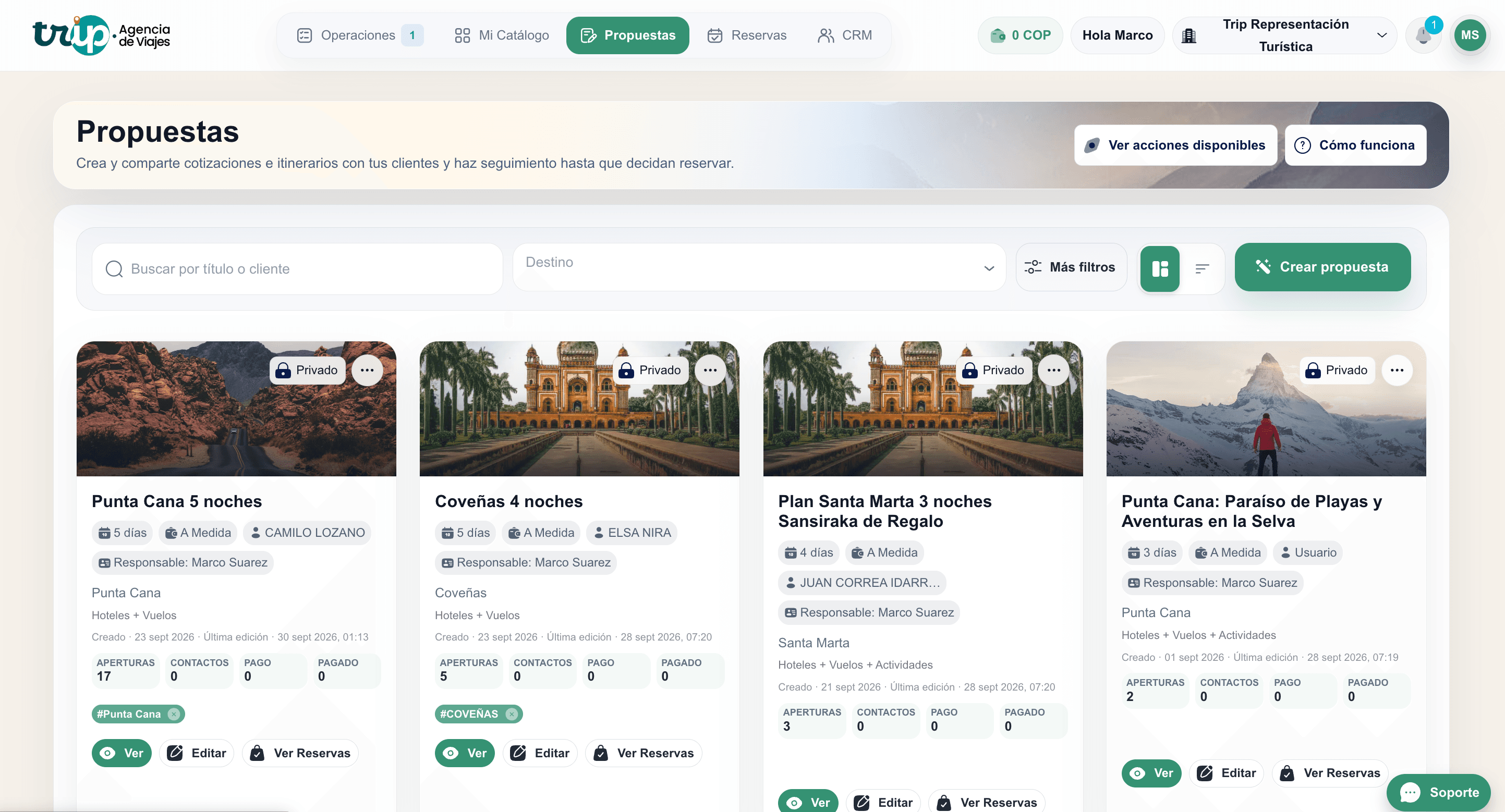 Vista actual de Propuestas en español: viajes, clientes y seguimiento de aperturas en Travelandz Planner